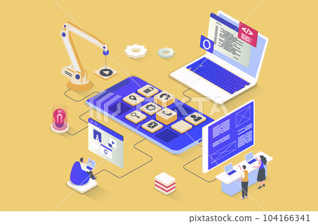 App development concept in 3d isometric design. UI UX layout developing, programming application interfaces, coding mobile software. Illustration with isometry people scene for web graphic 104166341