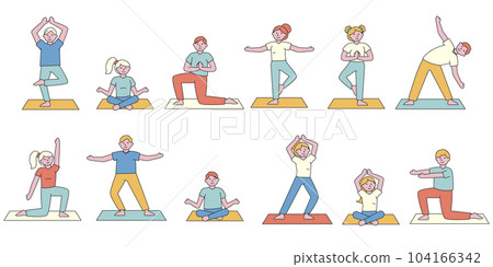 Yoga class students flat charers set. People pricing different asanas cartoon illustrations pack. Body stretching. Yogi meditating in lotus pose. Sportsmen training flexibility and balance 104166342