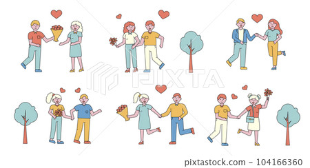 Romantic couples flat charers set. People in love meeting in park cartoon illustrations collection. Feelings expression, dating. First date romance. Happy boyfriend and girlfriend meeting 104166360