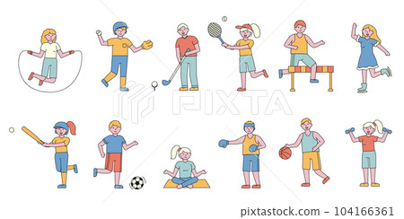 Sportsmen flat charers set. People doing sports cartoon illustrations pack. Training, exercising. Baseball, tennis, basketball players. Active lifestyle fans. Woman skating, pricing yoga 104166361