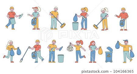 Garbage collecting flat charers set. People sorting glass and plastic litter in containers cartoon illustrations pack. Trash recycling. Waste management , environmental pollution control 104166365