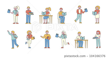 Students flat charers set. Young people with textbooks and tutorials studying subjects cartoon illustrations bundle. Pupils learning. University students, schoolboys and schoolgirls Students flat charers set. Young people with textbooks and tutorials studying subjects cartoon illustrations bundle. Pupils learning. University students, schoolboys and schoolgirls 104166376