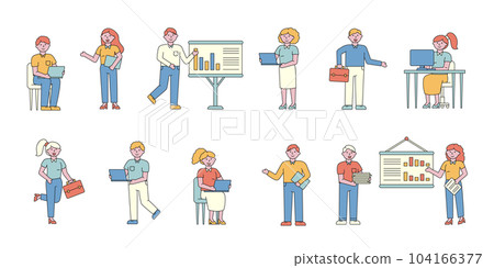 Businessmen and businesswomen flat charers set. Business people professional. Entrepreneurs making presentations and reports, doing paperwork. Office workers, colleagues, company staff 104166377