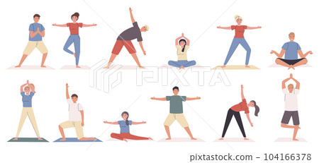 Yoga poses and exercises flat vector 104166378