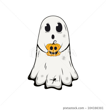Cartoon cute ghost character holding spooky pumpkin. Funny Hallowwen spooky creatures.Vector illustration 104166381