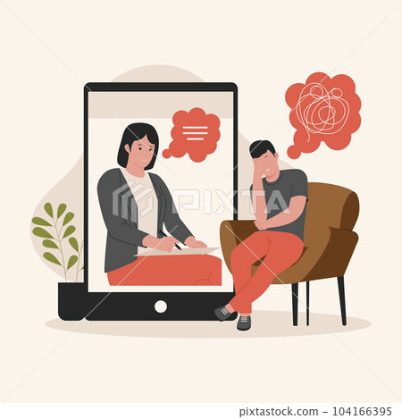 Vector of man consulting psychologist online. Illustration for website, landing page, mobile app, poster and banner. Trendy flat vector illustration Vector of man consulting psychologist online. Illustration for website, landing page, mobile app, poster and banner. Trendy flat vector illustration 104166395