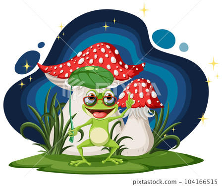 Green Frog Standing in Front of Fantasy Mushroom 104166515