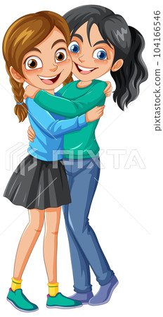 Female couple hugging cartoon character Female couple hugging cartoon character 104166546