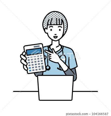 A female nurse sitting at her desk, opening her laptop, holding a calculator, and showing it to us 104166587