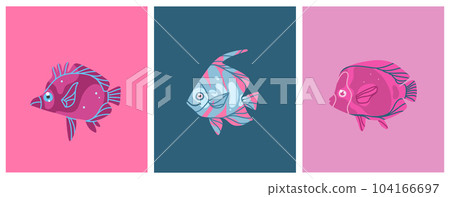 Hand drawn vector abstract cartoon marine underwater animals set of cute color fishes. Fish characters concept for funny kids design. Flat cartoon sea fish vector design isolated on color background. Hand drawn vector abstract cartoon marine underwater animals set of cute color fishes. Fish characters concept for funny kids design. Flat cartoon sea fish vector design isolated on color background. 104166697