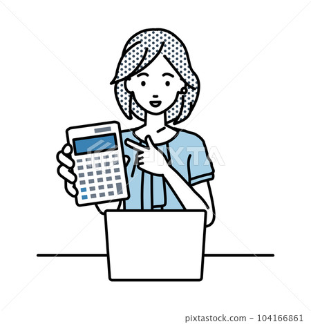 A casual office woman sitting at her desk, opening her laptop, pointing at a calculator, and showing it to me A casual office woman sitting at her desk, opening her laptop, pointing at a calculator, and showing it to me 104166861