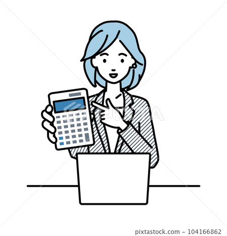 A woman in a suit sitting at her desk, opening her laptop, pointing at a calculator, and showing it to us A woman in a suit sitting at her desk, opening her laptop, pointing at a calculator, and showing it to us 104166862