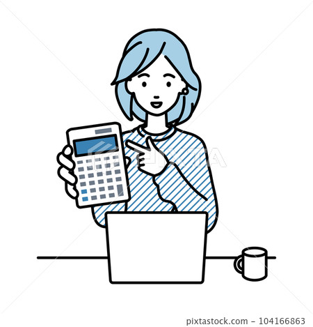 A woman in a sweatshirt sitting at her desk with her laptop open and pointing at a calculator pointing at you 104166863