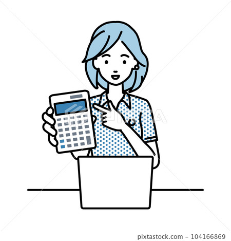 一位身穿馬球衫的女士坐在辦公桌前,打開筆記本電腦,指著一個指向你的計算器 一位身穿馬球衫的女士坐在辦公桌前,打開筆記本電腦,指著一個指向你的計算器 104166869