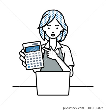 A female clerk wearing an apron sits at her desk, opens her laptop, points to a calculator, and shows it to us A female clerk wearing an apron sits at her desk, opens her laptop, points to a calculator, and shows it to us 104166874