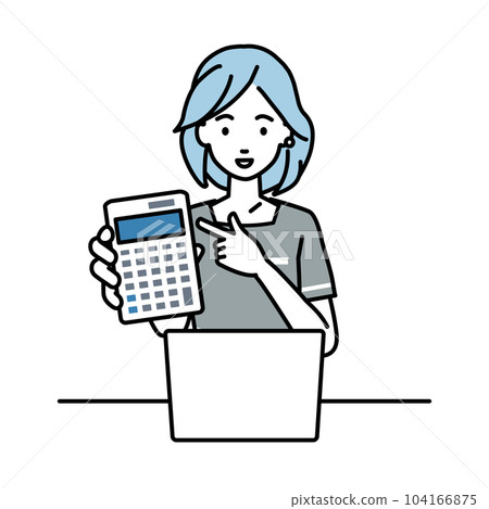 A woman who sits at a desk, opens a laptop, points to a calculator, and shows it towards us. A woman who sits at a desk, opens a laptop, points to a calculator, and shows it towards us. 104166875