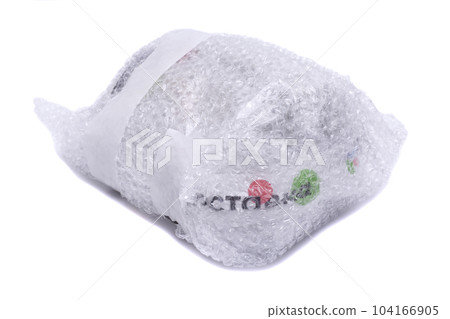 Polyethylene air bubble wrapped package isolated on white background 104166905