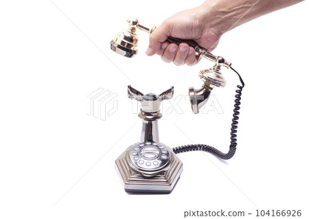 Vintage telephone with hand isolated on white background Vintage telephone with hand isolated on white background 104166926