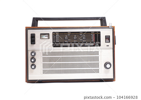 Old transistor radio isolated on white English translation Old transistor radio isolated on white English translation 104166928