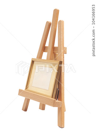 Artist wooden easel with a wooden blank frame isolated on white Artist wooden easel with a wooden blank frame isolated on white 104166953