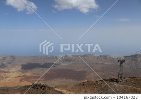 Panoramic view of volcanic lanscape in front of the ocean from the peak of mountain Teide, Tenerife Panoramic view of volcanic lanscape in front of the ocean from the peak of mountain Teide, Tenerife 104167028