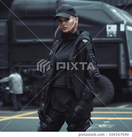Sexy woman in black military uniform and cap standing on the road. Portrait of a female security guard in a black uniform. Girl in a Cyberpunk style. Portrait of a beautiful girl in a military clothes 104167040