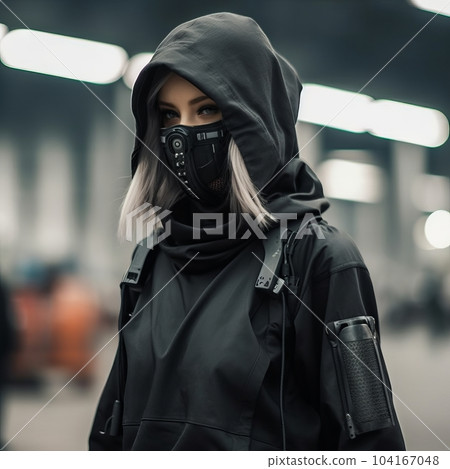 Illustrazione Stock Cyberpunk girl in a mask with a hood