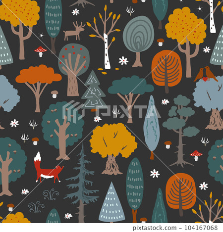 Doodle hand drawn trees and bushes. Vector autumn forest illustration on dark background. Cartoon flat Scandinavian style, design textile fabric, wrapping paper, wallpaper, kids. Doodle hand drawn trees and bushes. Vector autumn forest illustration on dark background. Cartoon flat Scandinavian style, design textile fabric, wrapping paper, wallpaper, kids. 104167068