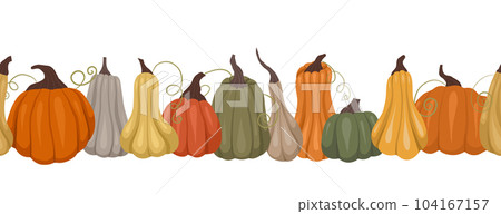 Vector seamless border with pumpkins. Autumn frieze with vegetables isolated from the background. Nature pattern Vector seamless border with pumpkins. Autumn frieze with vegetables isolated from the background. Nature pattern 104167157