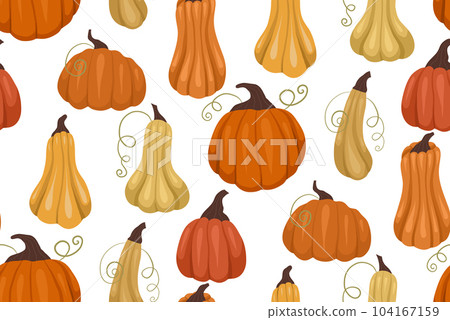 Simple texture with cozy vegetables. Vector seamless garderning pattern with orange and yellow pumpkins on a white background. Simple texture with cozy vegetables. Vector seamless garderning pattern with orange and yellow pumpkins on a white background. 104167159