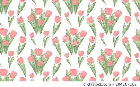 Delicate vector pattern with pink tulips on a white background. Feminine spring floral texture in pastel colors Delicate vector pattern with pink tulips on a white background. Feminine spring floral texture in pastel colors 104167162