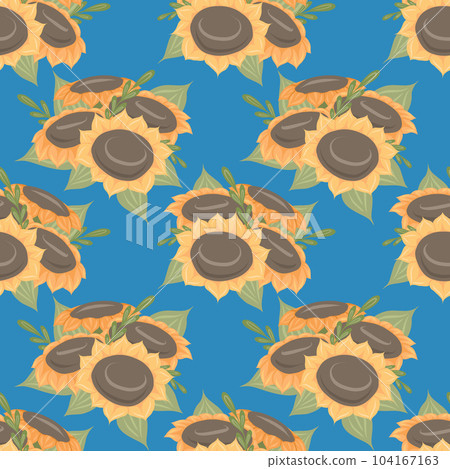 Seamless vector pattern with bouquets of sunflowers on a blue background. Floral texture Seamless vector pattern with bouquets of sunflowers on a blue background. Floral texture 104167163
