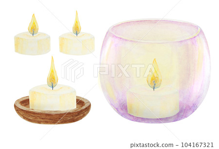 Set of violet glass and wooden candlesticks, candles. Hand drawn watercolor illustration. Good for event, Christmas decoration, romantic, wedding designs 104167321