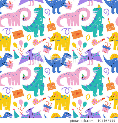 Dinosaurs birthday party, hand drawn seamless pattern with adorable tyrannosaurus in birthday hat, doodle colored ornament of cake and pipe icons, vector illustrations of smiling reptiles 104167555