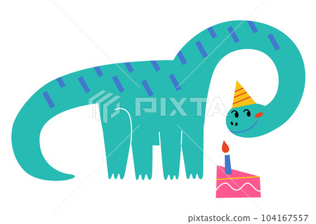 Adorable cartoon dinosaur icon, vector doodle illustration of diplodocus in party hat, dino birthday, tall dinosaur blowing candles on cake, greeting card for baby shower, invitation to kid event Adorable cartoon dinosaur icon, vector doodle illustration of diplodocus in party hat, dino birthday, tall dinosaur blowing candles on cake, greeting card for baby shower, invitation to kid event 104167557
