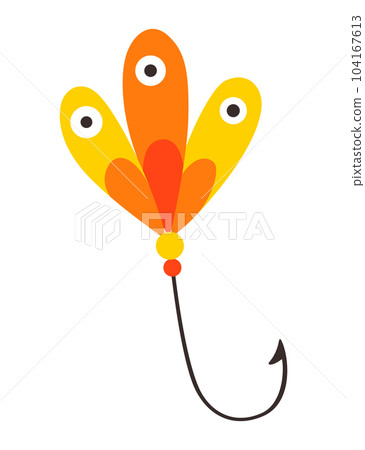 Fishing bait icon. Lure with hook isolated on white background. Abstract contemporary fishery lures and wobblers. Fisher accessory. Vector fisherman equipment Fishing bait icon. Lure with hook isolated on white background. Abstract contemporary fishery lures and wobblers. Fisher accessory. Vector fisherman equipment 104167613