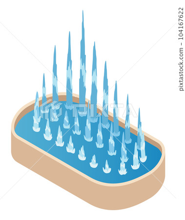 Isometric fountain icon for outdoor park. Modern architecture decor symbol with splashing drops. Vector city infographic with water decoration elements Isometric fountain icon for outdoor park. Modern architecture decor symbol with splashing drops. Vector city infographic with water decoration elements 104167622