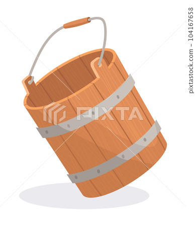Wooden bucket with handle and without water. Container or empty pail for spa, sauna. Vector illustration isolated on white background 104167658