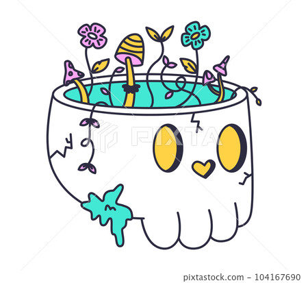 Doodle skull patch. Psychedelic weird trippy skull with flowers sticker, groovy hallucination element flat vector illustration 104167690