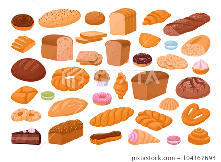 Cartoon sweet pastry. Bakery tasty pastries, french macaron, eclair, bagel, croissant, cupcake and cookies flat vector illustration set. Sweet baked desserts 104167693