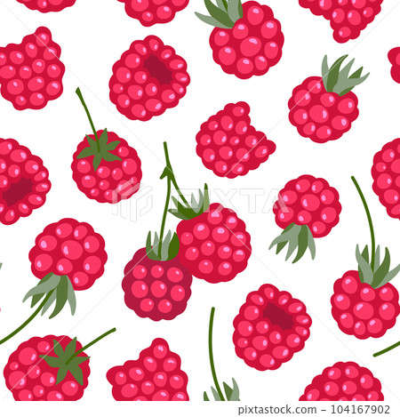 Raspberry vector seamless pattern. Sweet red berries isolated on white. Juicy fruit background. Hand drawn cute simple cartoon healthy ripe berries repeated illustration for packaging, textile, print Raspberry vector seamless pattern. Sweet red berries isolated on white. Juicy fruit background. Hand drawn cute simple cartoon healthy ripe berries repeated illustration for packaging, textile, print 104167902