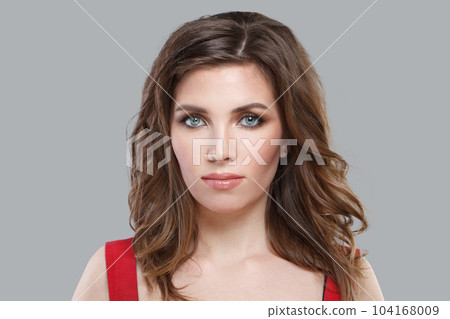 Beautiful female face. Portrait of cute brunette woman 104168009