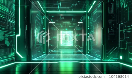 futuristic room with neon lighting. Hi tech science technology hallway scene background. generative AI 104168014