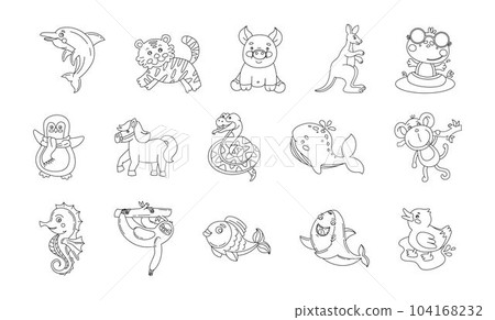Animals Cute Funny Set of Drawings Vector black and white illustration Isolated on a white background Animals Cute Funny Set of Drawings Vector black and white illustration Isolated on a white background 104168232