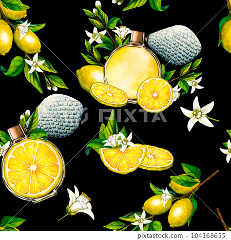 Watercolor seamless pattern lemon white flowers, tree branch, slice and floral perfume bottle. Hand drawn botanical illustration of yellow citrus fruits, aroma spray on black background 104168655