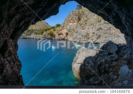 Pleasure boats stranded in the cove, Sa Calobra 104168878