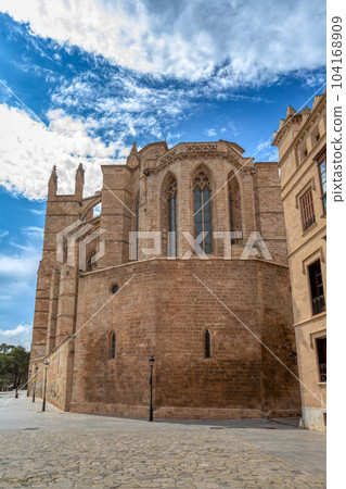Gothic medieval cathedral La Seu and Royal Palace of La Almudaina. Palma de Mallorca. Balearic Islands Spain. Gothic medieval cathedral La Seu and Royal Palace of La Almudaina. Palma de Mallorca. Balearic Islands Spain. 104168909