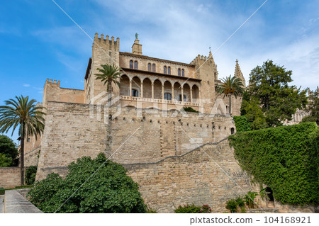 Gothic medieval Royal Palace of La Almudaina. Palma de Mallorca. Balearic Islands Spain. Gothic medieval Royal Palace of La Almudaina. Palma de Mallorca. Balearic Islands Spain. 104168921