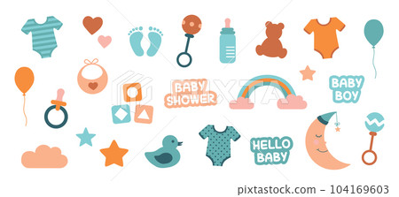 colorful set of baby utensils baby boy collection isolated on white 104169603