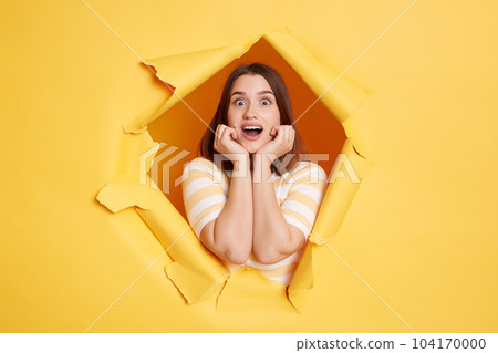Portrait of surprised happy young dark haired female standing and looking at camera, expresses shock, keeps mouth opened and hands under chin, wearing striped t shirt, being in good mood. Portrait of surprised happy young dark haired female standing and looking at camera, expresses shock, keeps mouth opened and hands under chin, wearing striped t shirt, being in good mood. 104170000